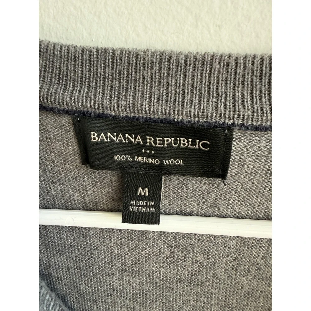 Banana Republic Mens Merino Wool Striped Crewneck Sweater Grey Navy Blue Medium